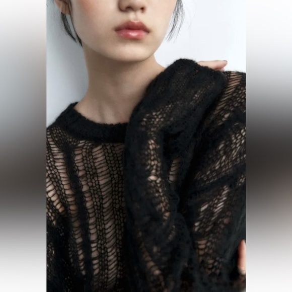 Zara Wool Blend Openwork knit sweater Black - Picture 5 of 8